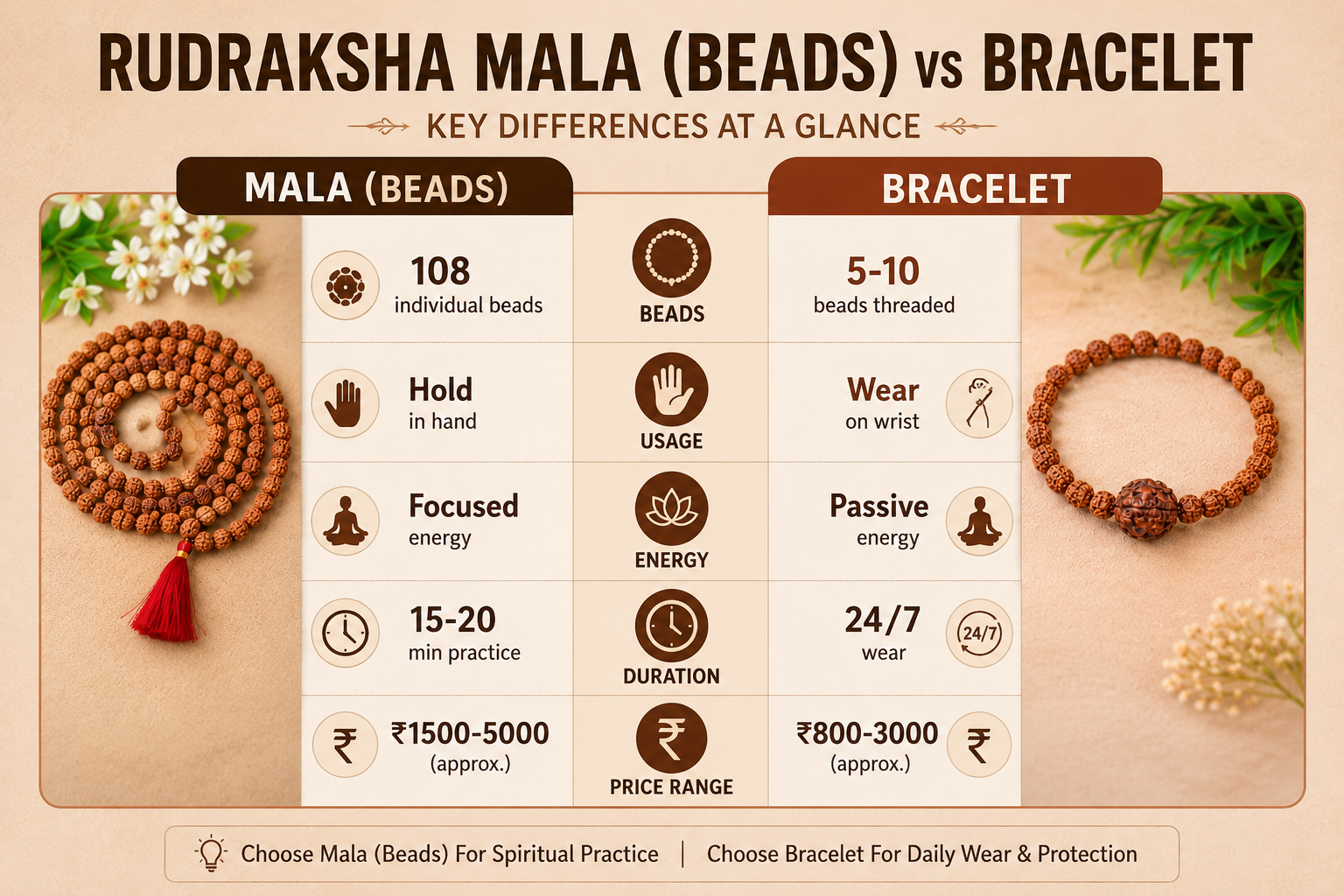 Rudraksha beads mala vs bracelet comparison chart